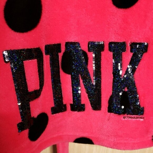 Pink Victoria's Secret Womens Pink Plush Robe Black Polka Dots XS/S - Picture 3 of 8